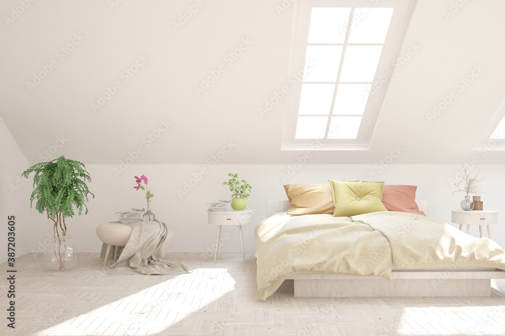 White bedroom interior. Scandinavian design. 3D illustration