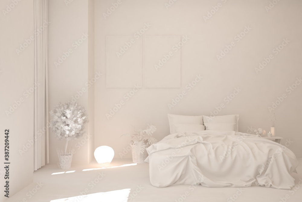 Modern bedroom in white color. Scandinavian interior design. 3D illustration