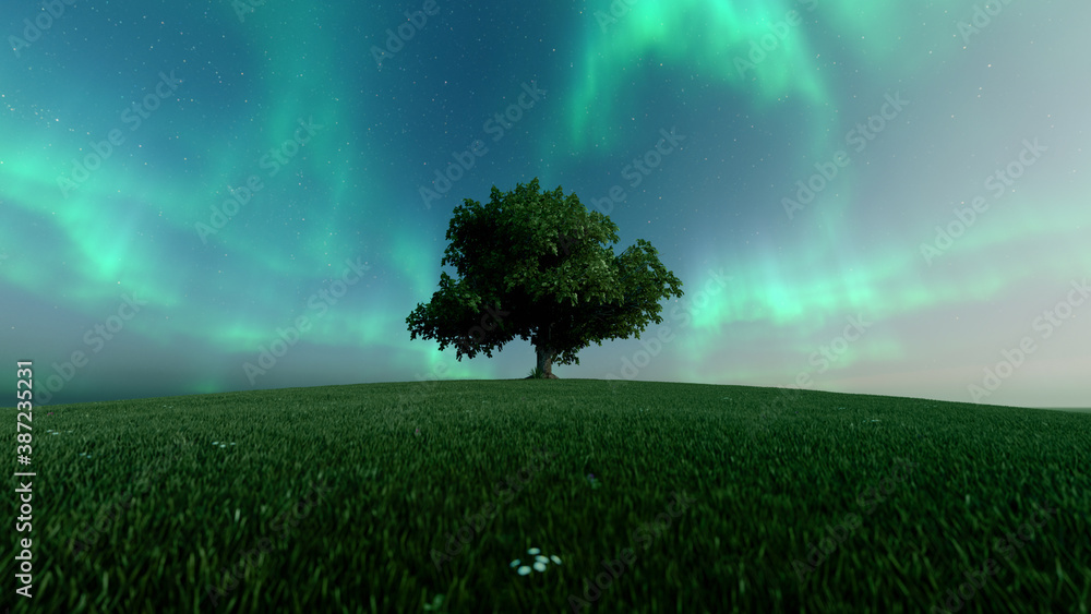 Green northern lights and silhouette of a tree. Starry sky and polar lights. Night landscape with br