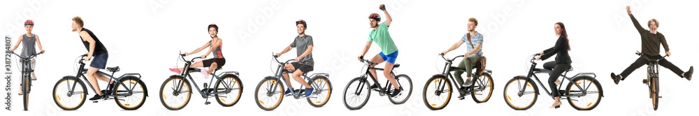 Sporty young people riding bicycles against white background