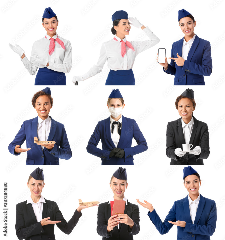 Collage of different beautiful stewardesses on white background