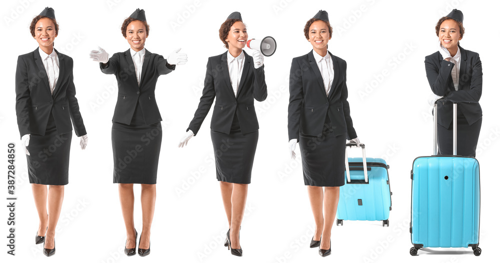 Collage of beautiful African-American stewardess on white background