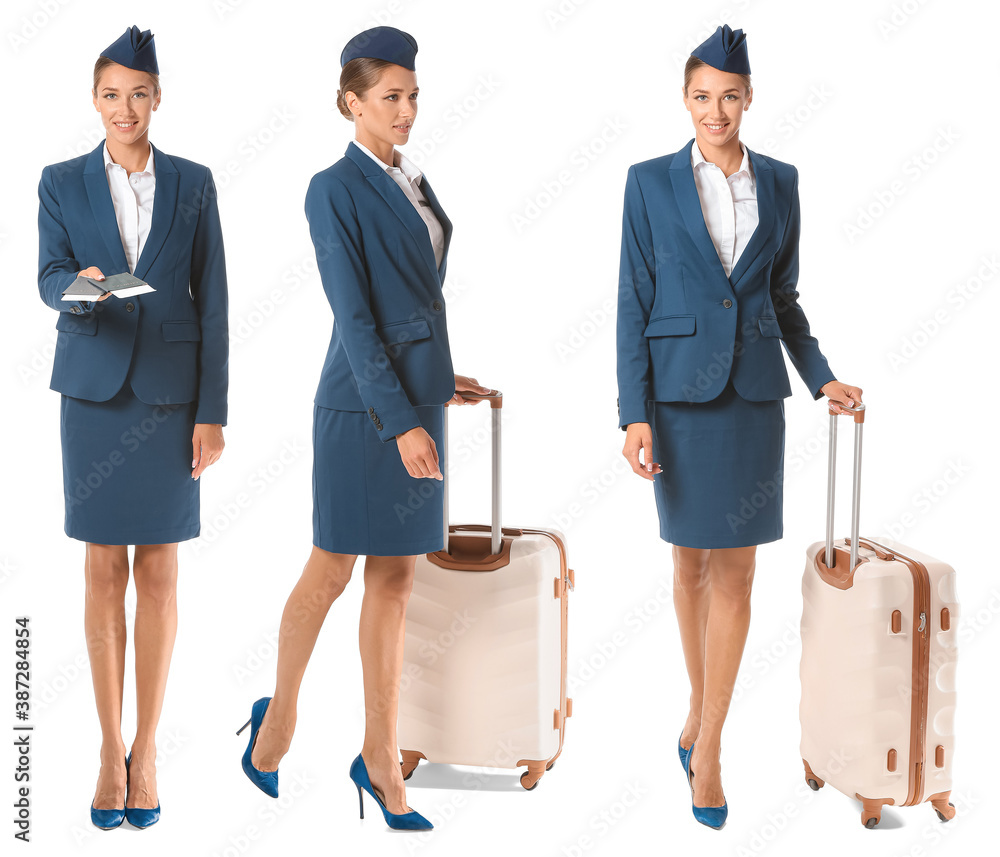 Collage of beautiful stewardess on white background