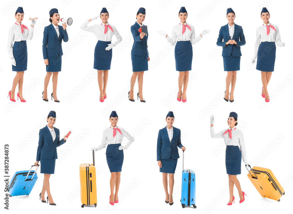 Collage of beautiful stewardess on white background