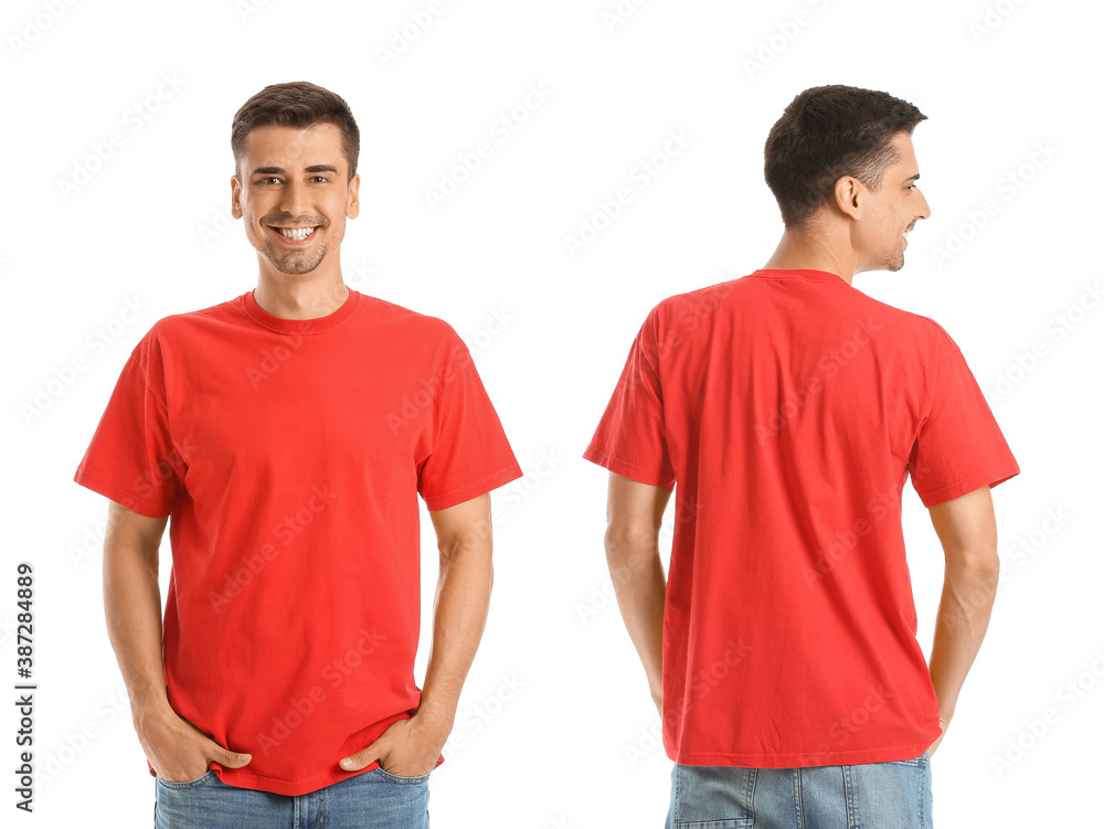 Man in stylish t-shirt on white background