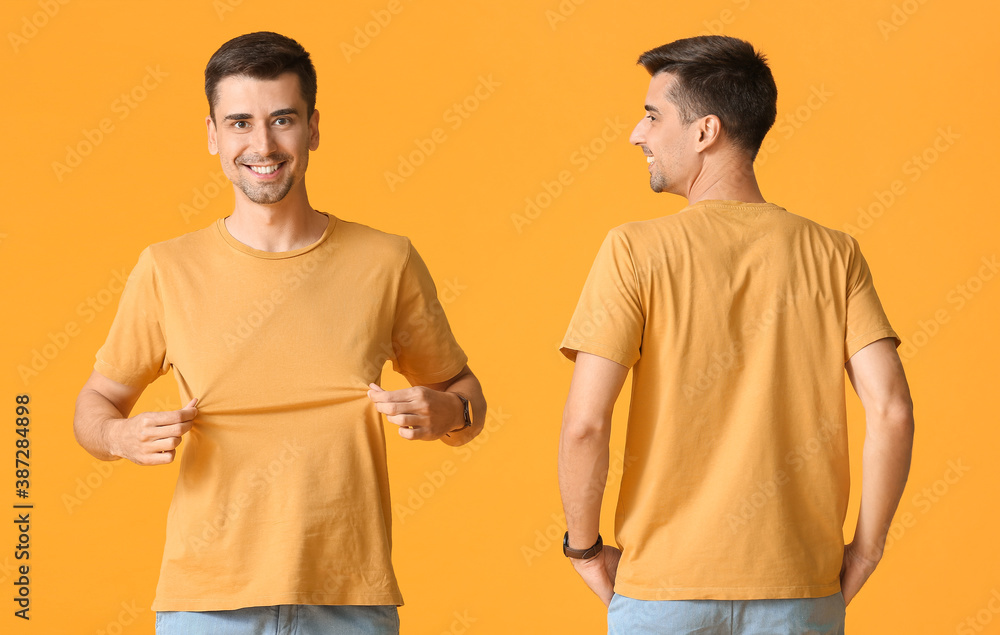 Man in stylish t-shirt on color background