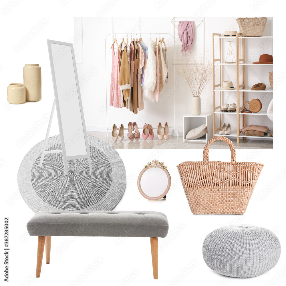 Collage with different elements of wardrobe interior on white background