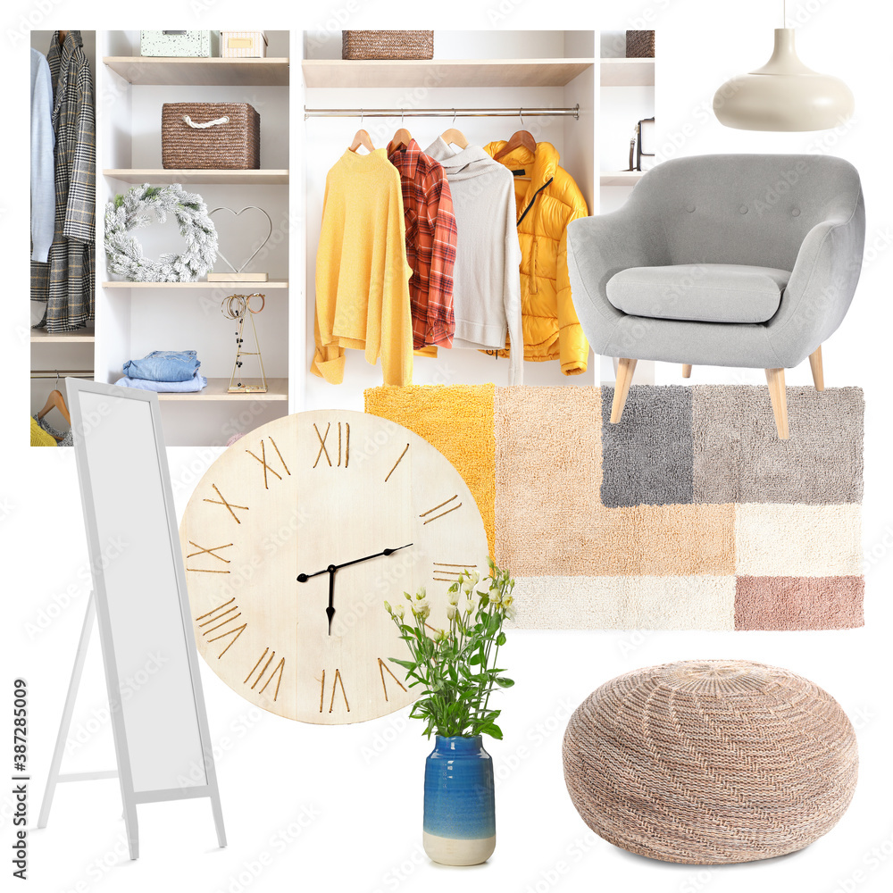 Collage with different elements of wardrobe interior on white background