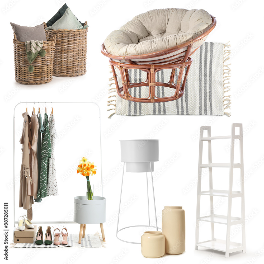 Collage with different elements of wardrobe interior on white background