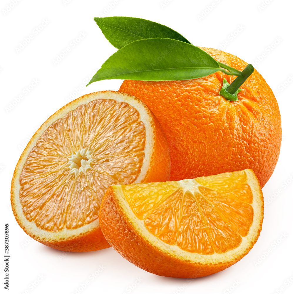 Whole orange and slice and half