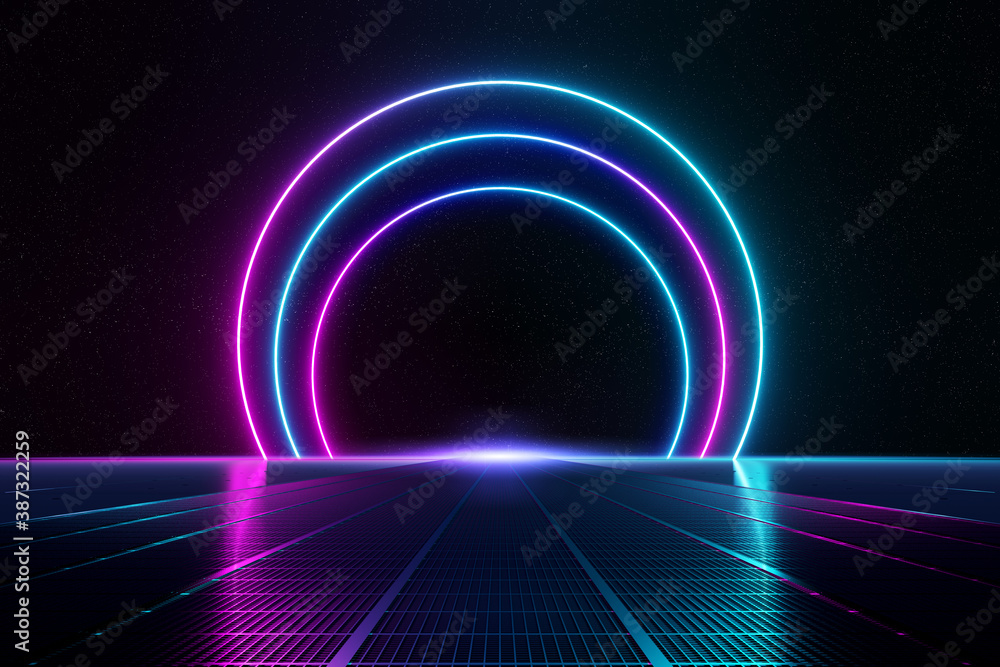 Abstract background pathway leading to blue and pink neon light circles reflecting on the floor 3D r