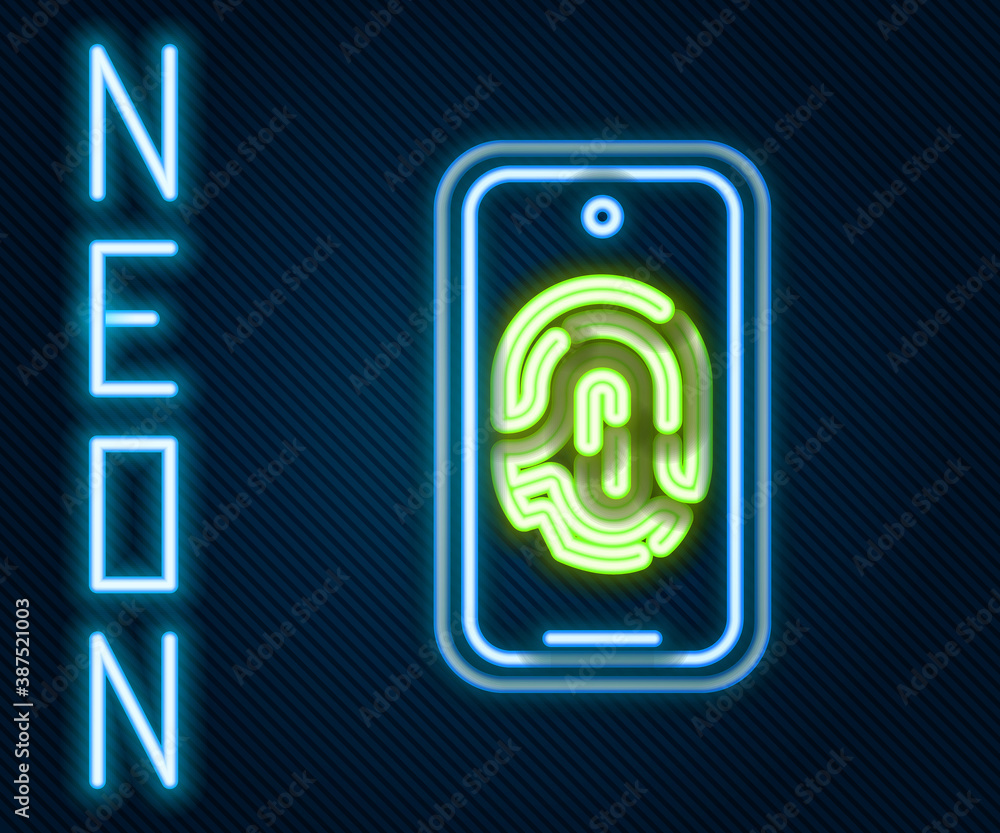 Glowing neon line Smartphone with fingerprint scanner icon isolated on black background. Concept of 