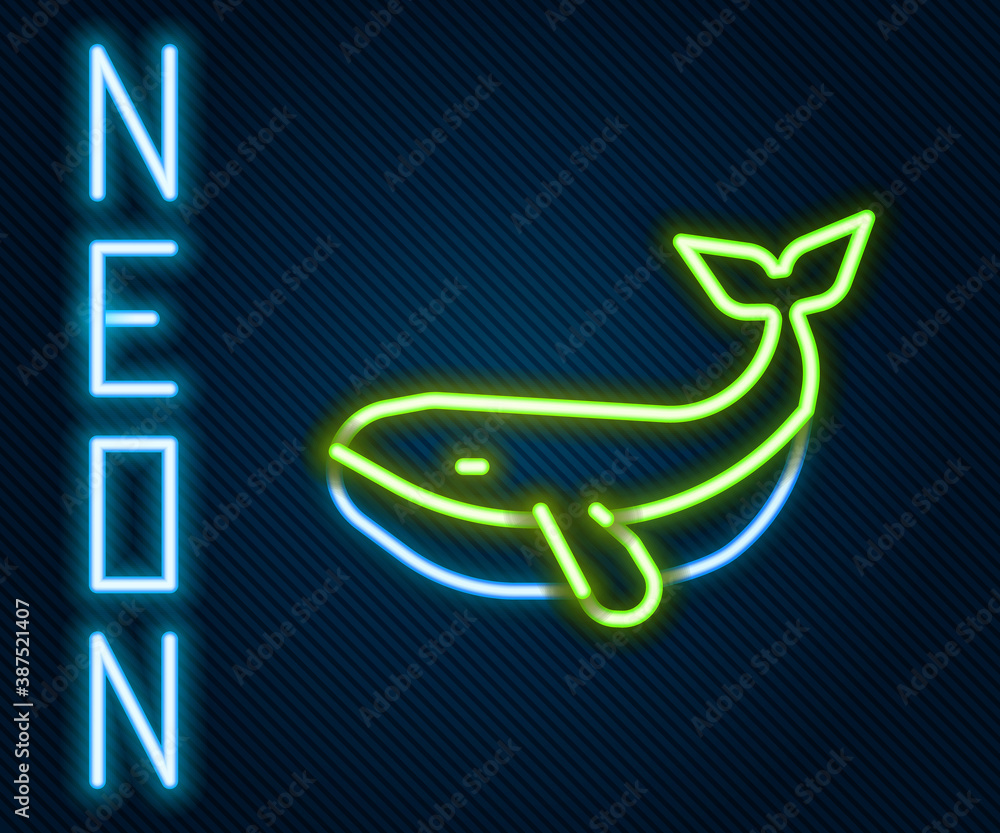 Glowing neon line Whale icon isolated on black background. Colorful outline concept. Vector.