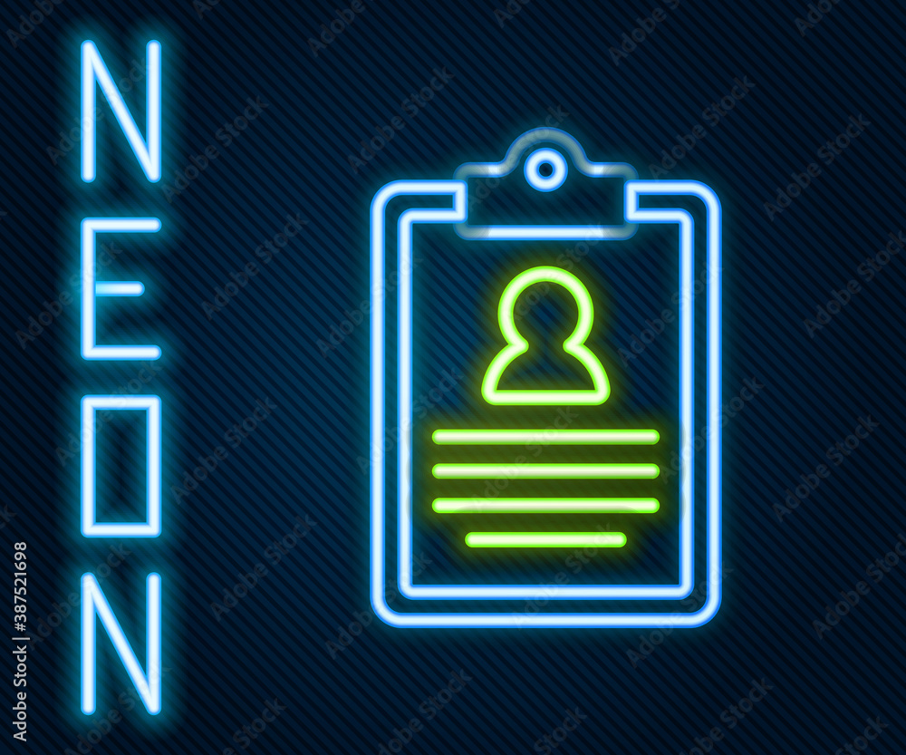 Glowing neon line Medical clipboard with clinical record icon isolated on black background. Prescrip