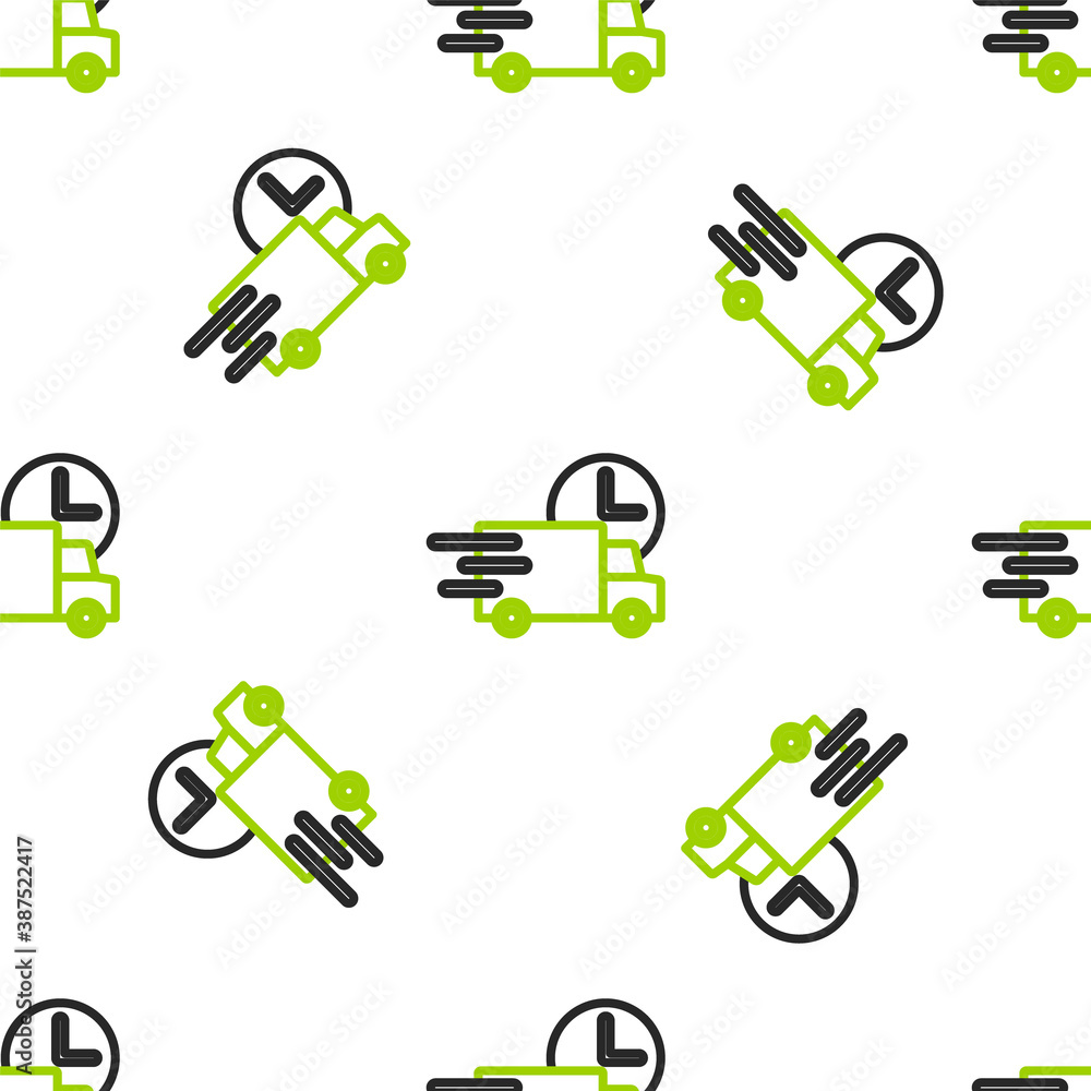 Line Fast round the clock delivery by car icon isolated seamless pattern on white background. Vector