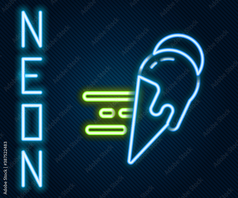 Glowing neon line Online ordering and ice cream in waffle cone icon isolated on black background. Sw