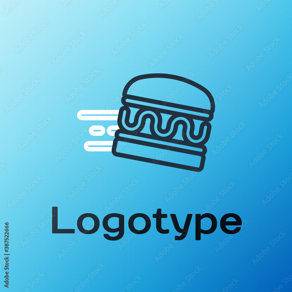 Line Online ordering and burger delivery icon isolated on blue background. Colorful outline concept.