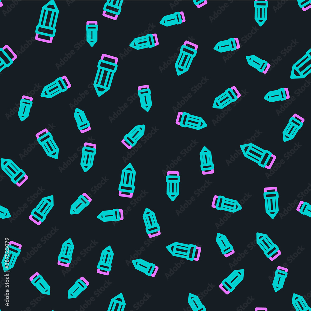 Line Pencil with eraser icon isolated seamless pattern on black background. Drawing and educational 