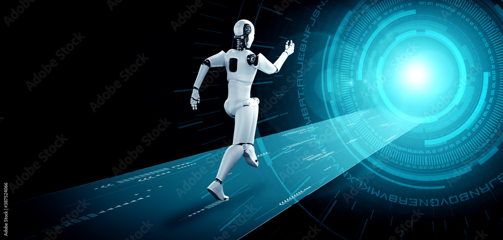 Running robot humanoid showing fast movement and vital energy in concept of future innovation develo