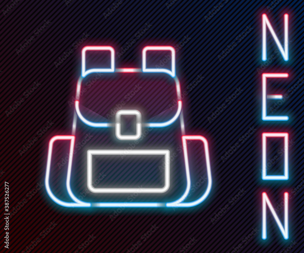 Glowing neon line Hiking backpack icon isolated on black background. Camping and mountain exploring 