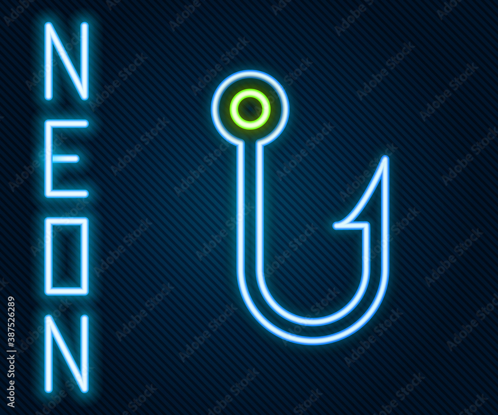 Glowing neon line Fishing hook icon isolated on black background. Fishing tackle. Colorful outline c