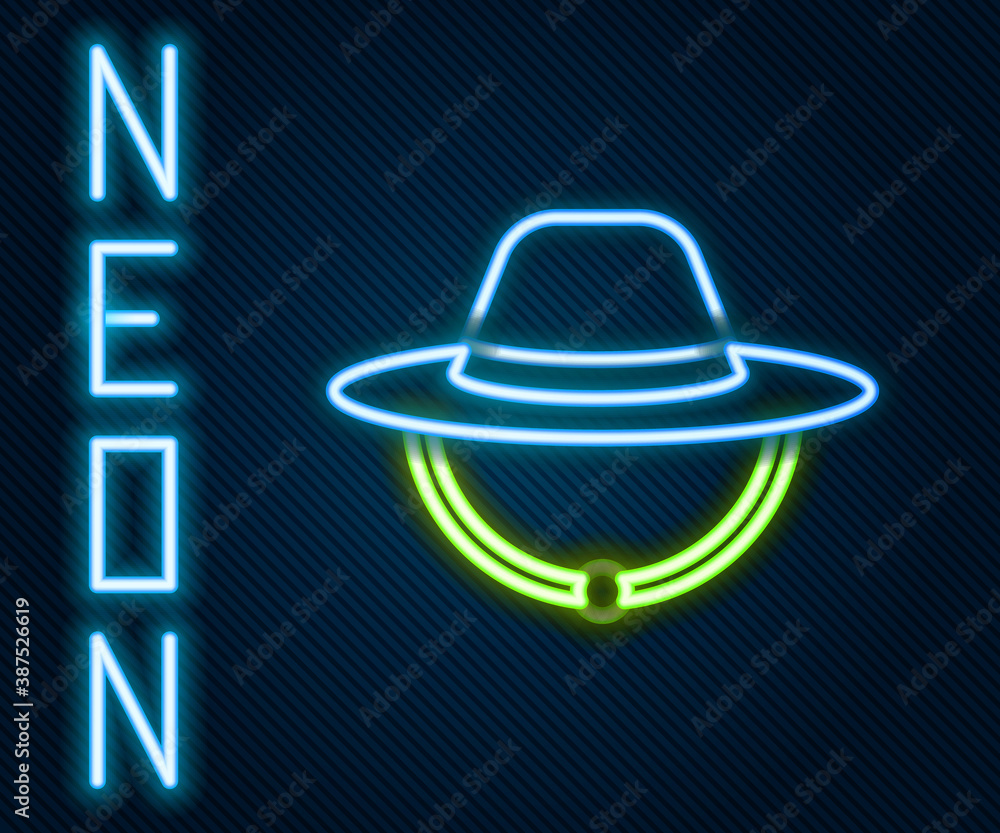 Glowing neon line Camping hat icon isolated on black background. Beach hat panama. Explorer traveler