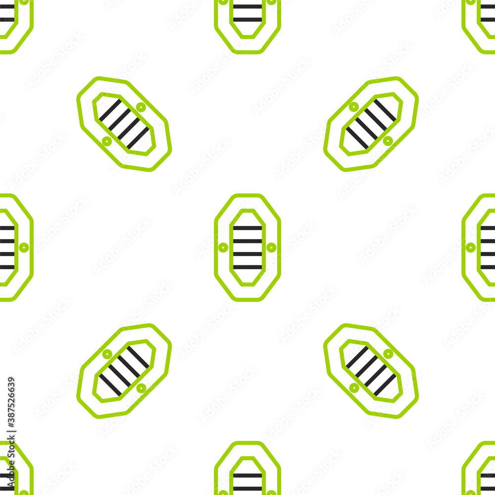 Line Rafting boat icon isolated seamless pattern on white background. Inflatable boat with paddles. 