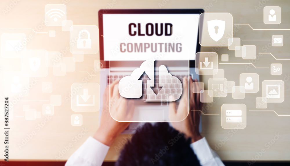 Cloud computing technology and online data storage for global data sharing. Computer connects to int