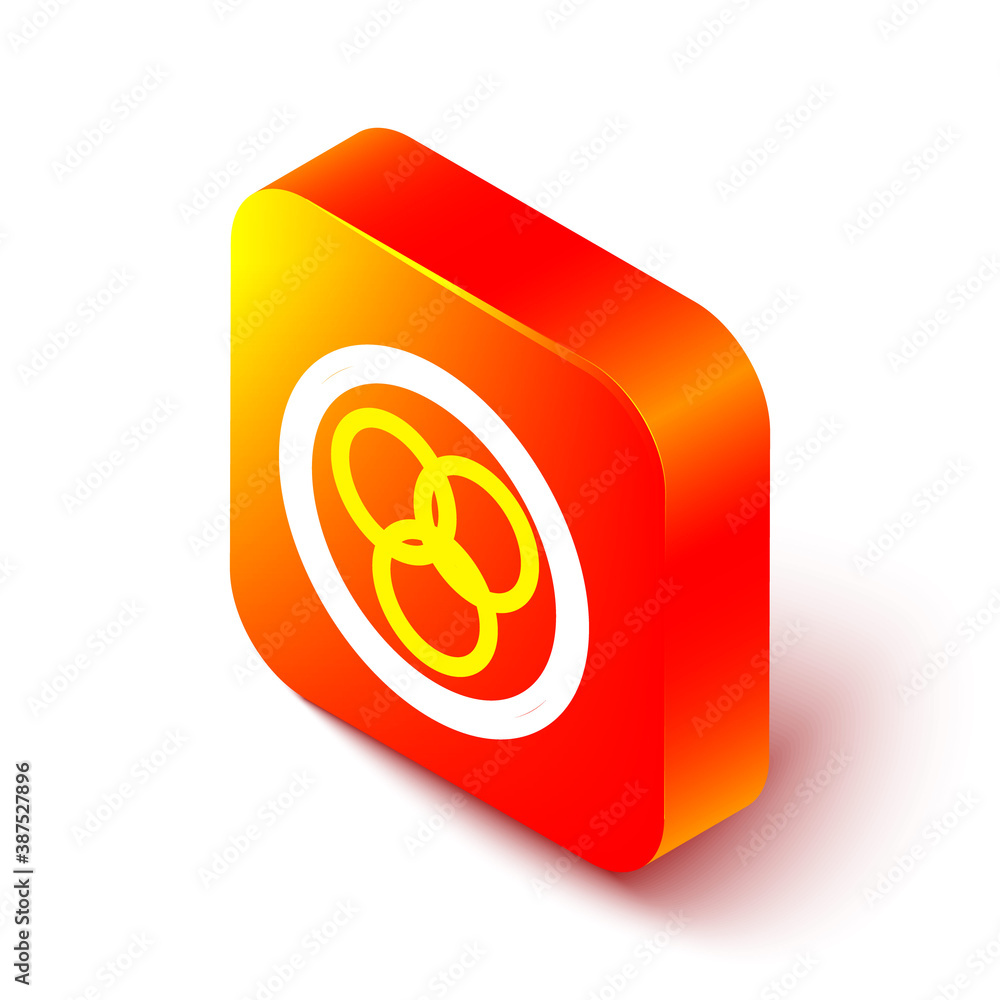 Isometric line RGB and CMYK color mixing icon isolated on white background. Orange square button. Ve