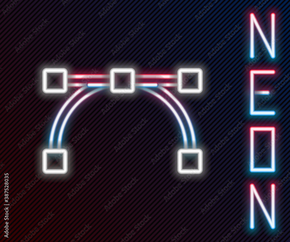 Glowing neon line Bezier curve icon isolated on black background. Pen tool icon. Colorful outline co