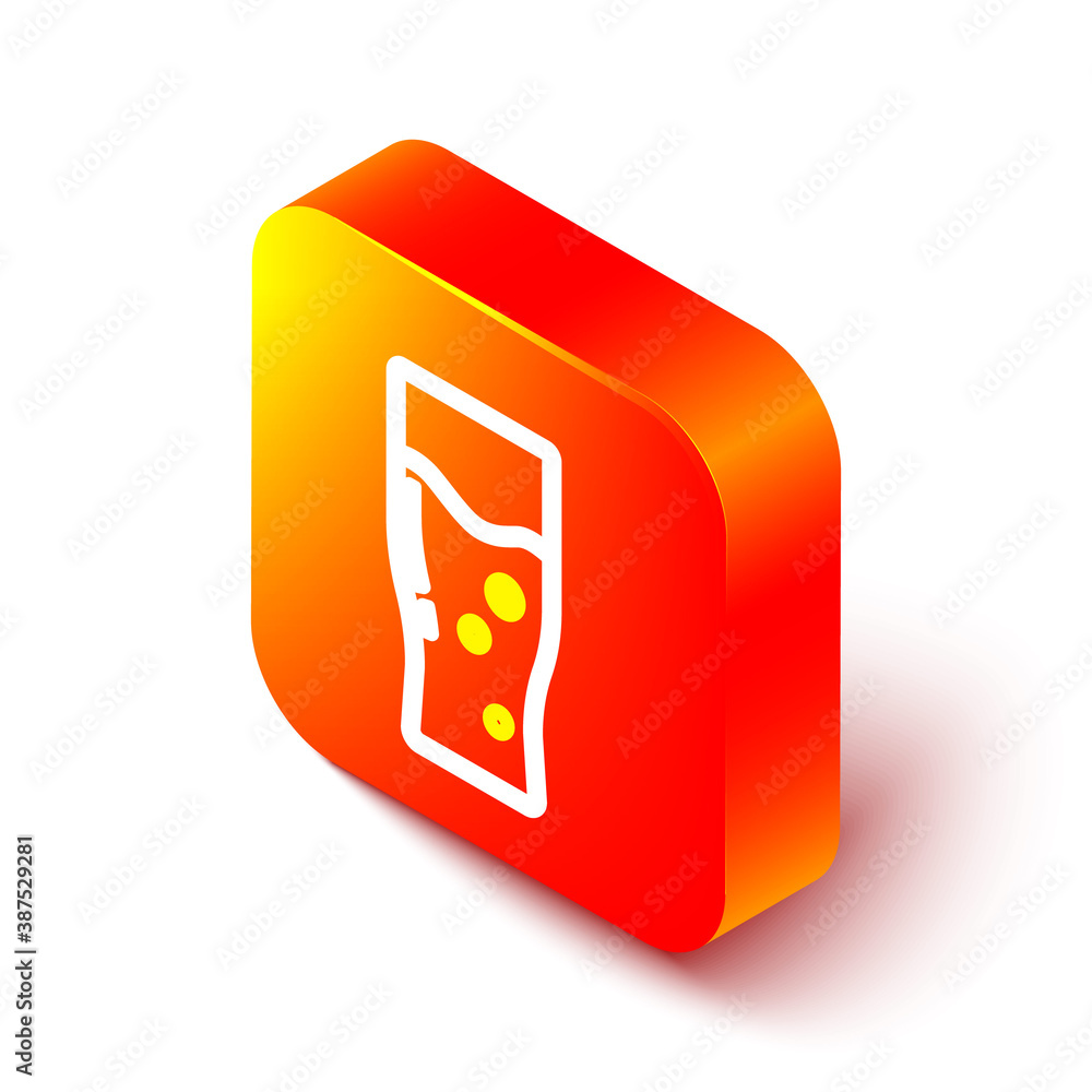 Isometric line Glass of beer icon isolated on white background. Orange square button. Vector.