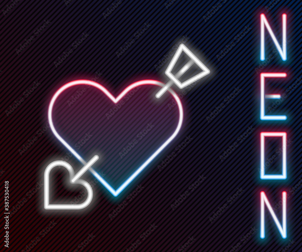 Glowing neon line Amour symbol with heart and arrow icon isolated on black background. Love sign. Va