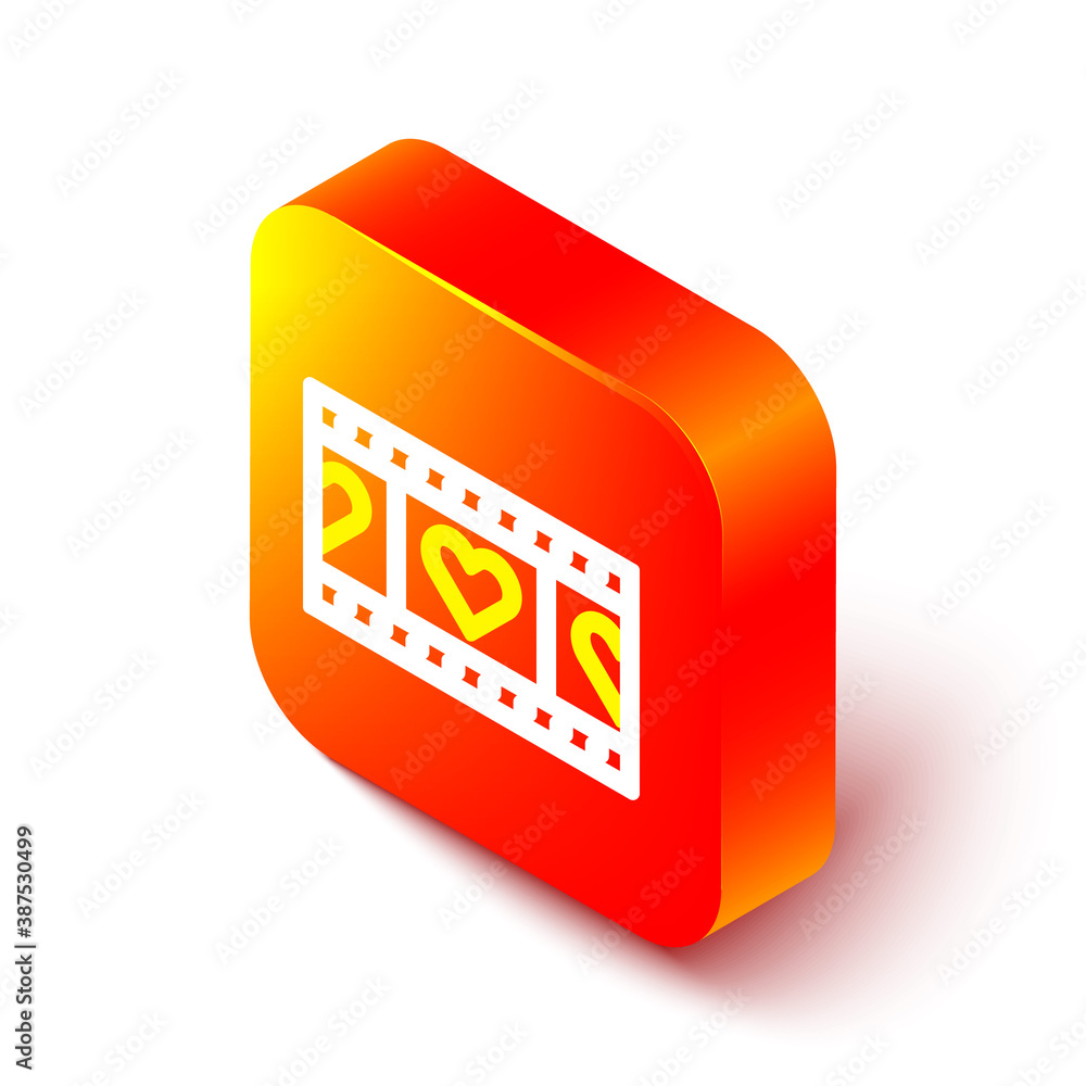 Isometric line Play Video with heart icon isolated on white background. Film strip sign. Orange squa