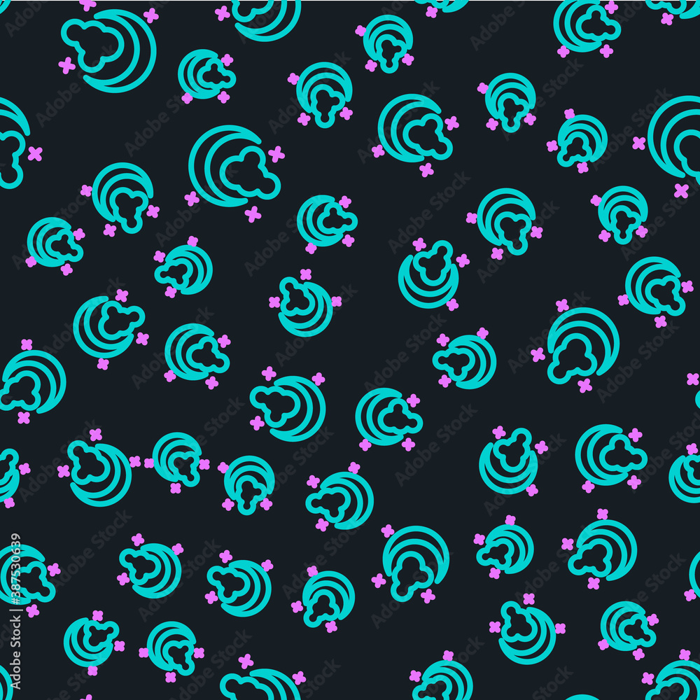 Line Moon and stars icon isolated seamless pattern on black background. Vector.