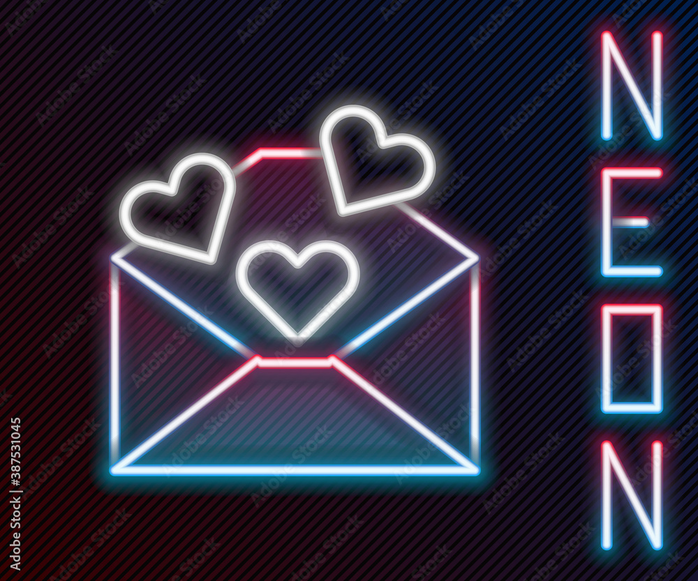 Glowing neon line Envelope with Valentine heart icon isolated on black background. Message love. Let