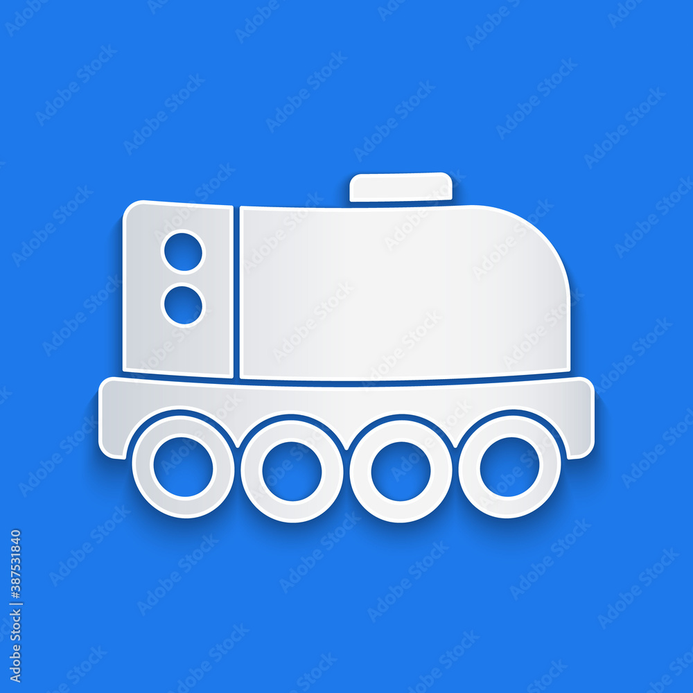 Paper cut Mars rover icon isolated on blue background. Space rover. Moonwalker sign. Apparatus for s