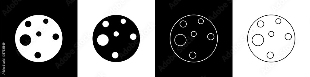 Set Planet Mars icon isolated on black and white background. Vector.