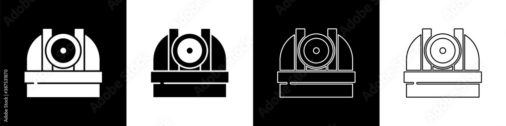 Set Astronomical observatory icon isolated on black and white background. Observatory with a telesco