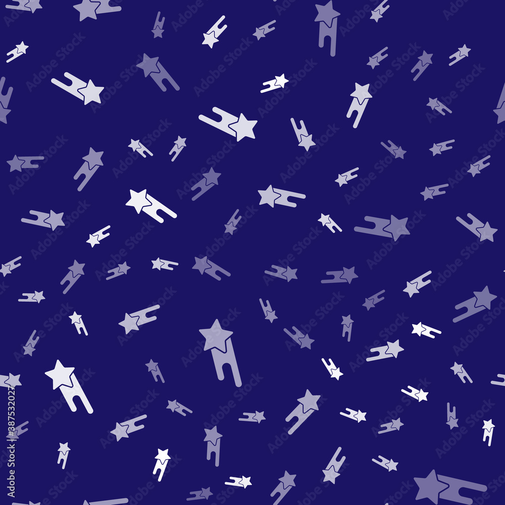 White Falling star icon isolated seamless pattern on blue background. Shooting star with star trail.