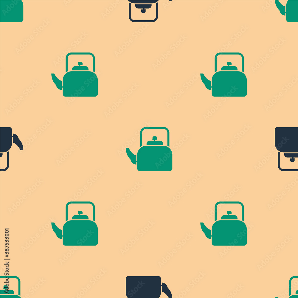 Green and black Kettle with handle icon isolated seamless pattern on beige background. Teapot icon. 