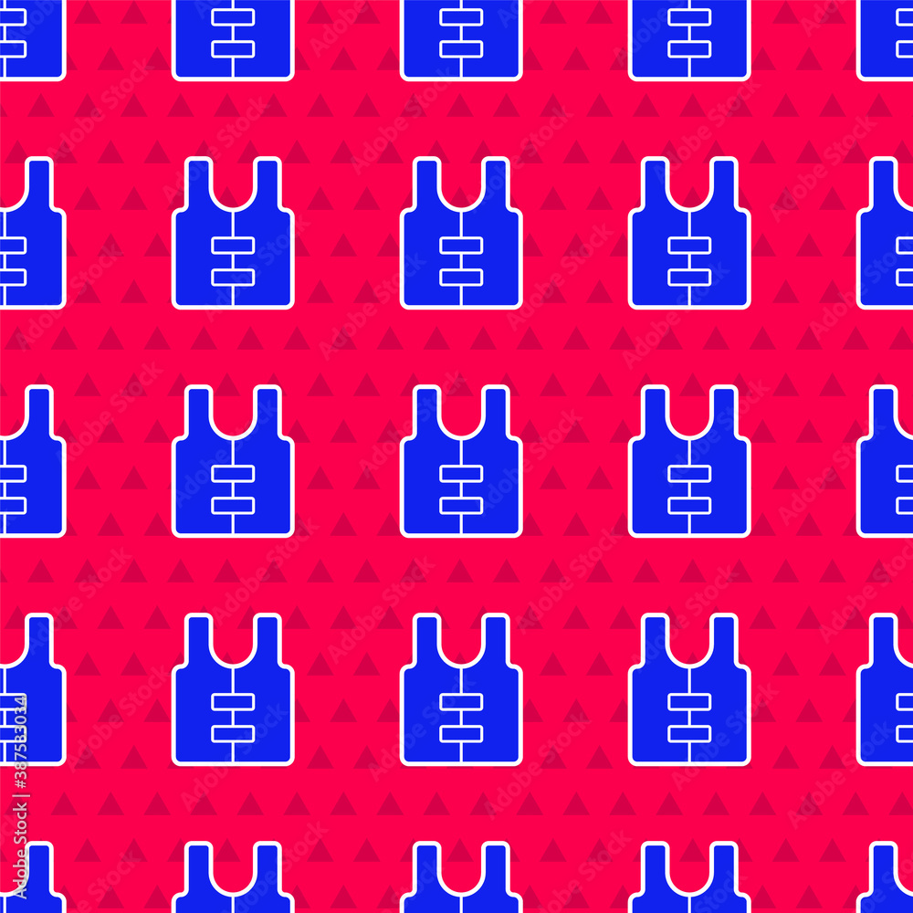 Blue Life jacket icon isolated seamless pattern on red background. Life vest icon. Extreme sport. Sp