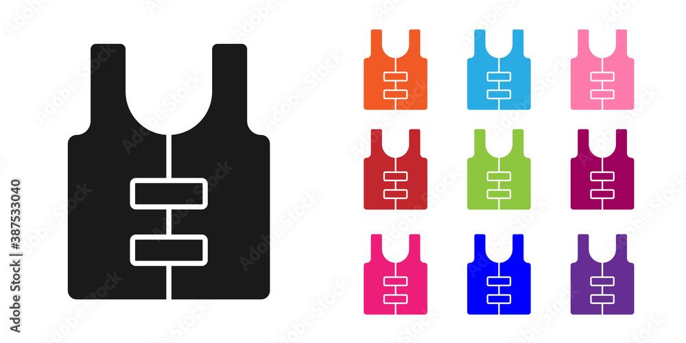 Black Life jacket icon isolated on white background. Life vest icon. Extreme sport. Sport equipment.