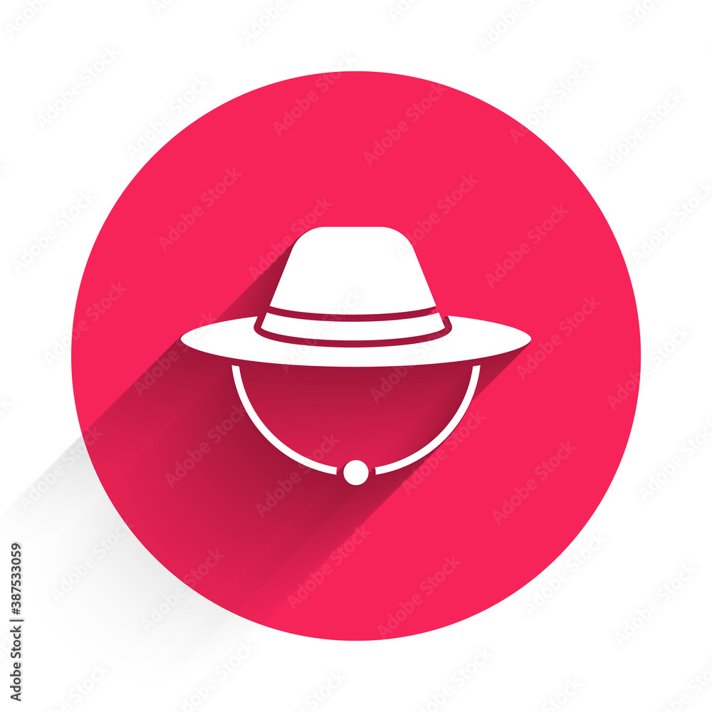 White Camping hat icon isolated with long shadow. Beach hat panama. Explorer travelers hat for hunti