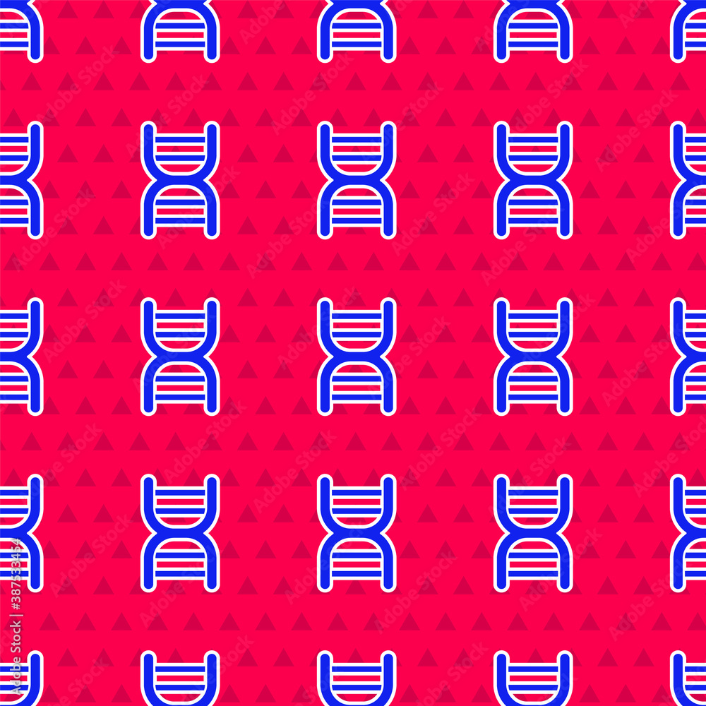 Blue DNA symbol icon isolated seamless pattern on red background. Vector.