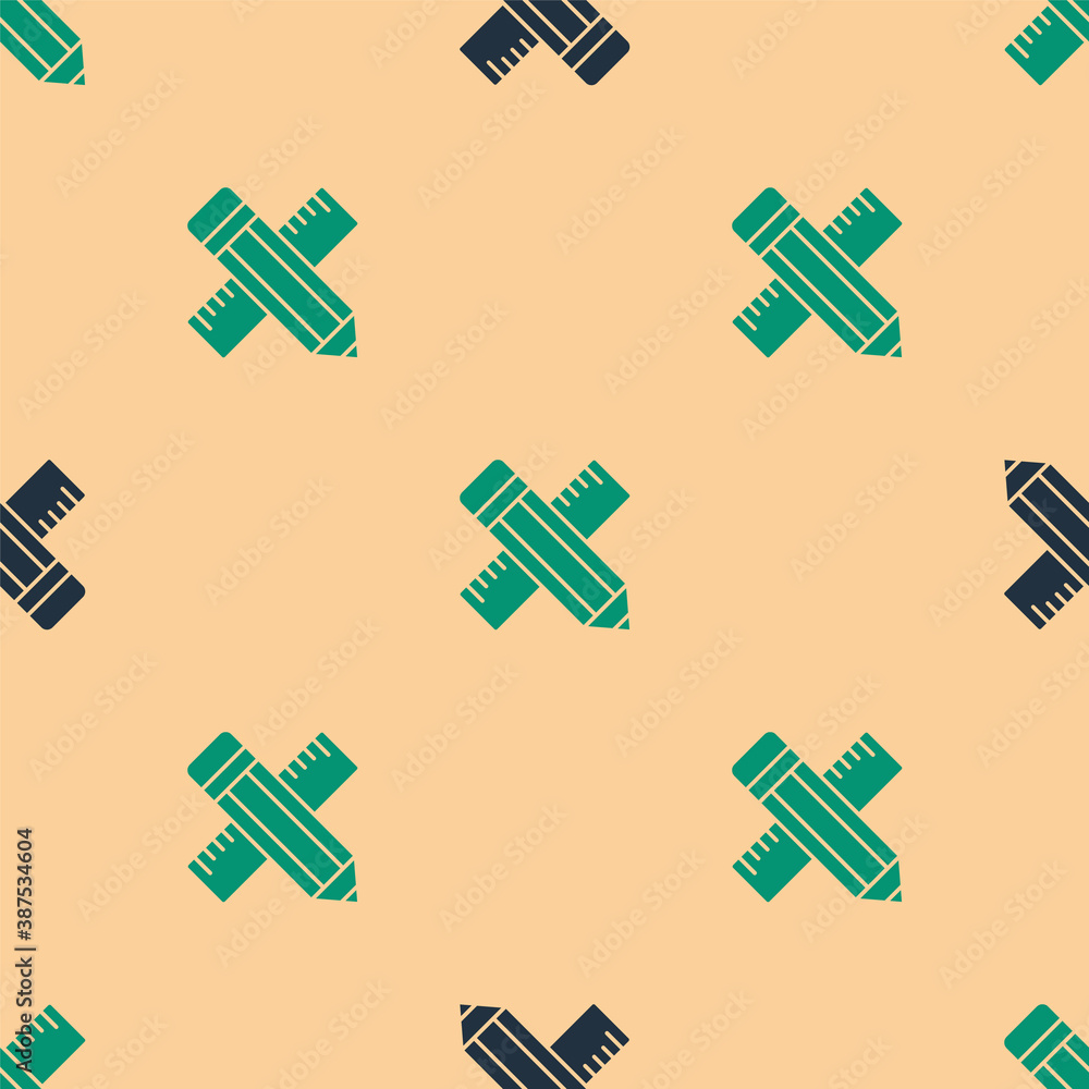 Green and black Crossed ruler and pencil icon isolated seamless pattern on beige background. Straigh