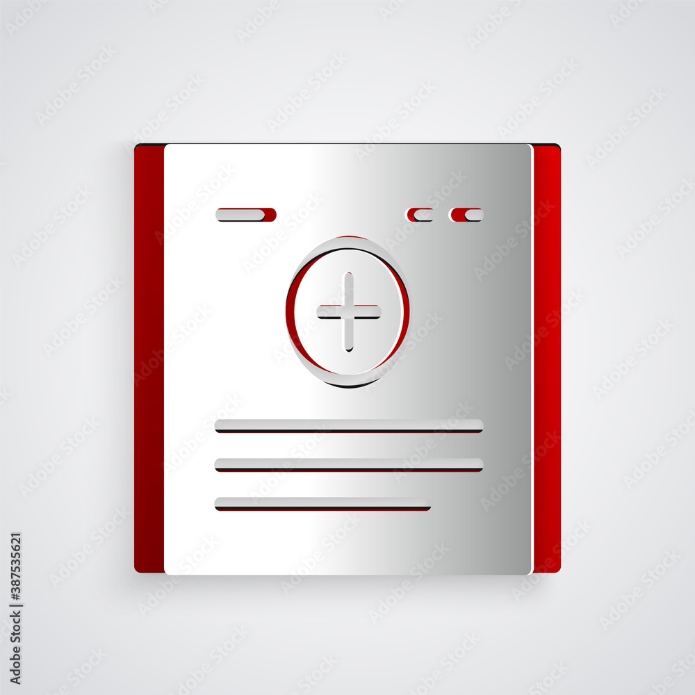 Paper cut Medical clipboard with clinical record icon isolated on grey background. Health insurance 