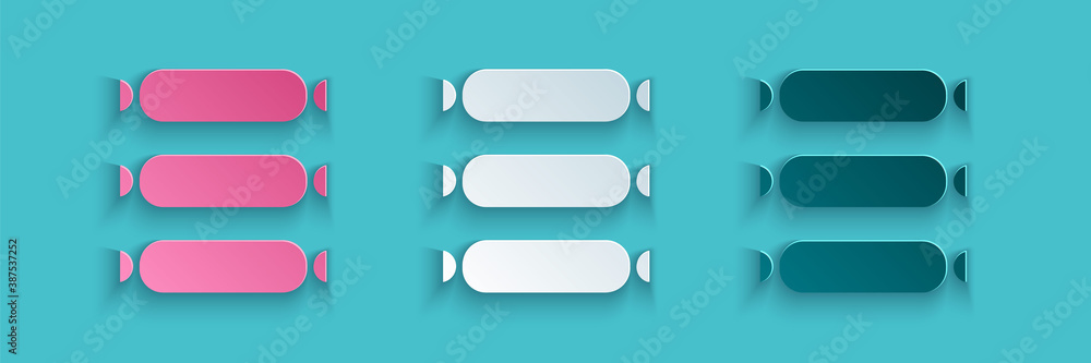 Paper cut Sausage icon isolated on blue background. Grilled sausage and aroma sign. Paper art style.