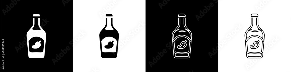 Set Ketchup bottle icon isolated on black and white background. Hot chili pepper pod sign. Barbecue 