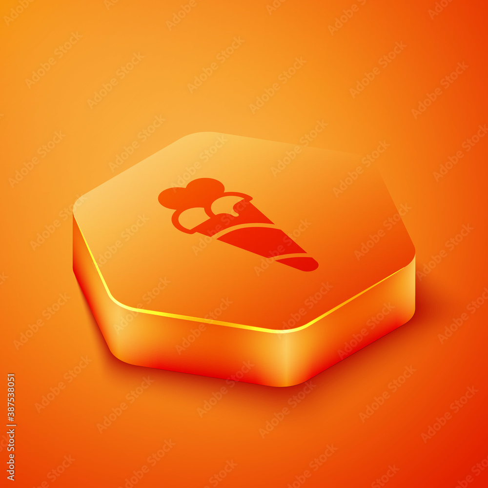 Isometric Ice cream in waffle cone icon isolated on orange background. Sweet symbol. Orange hexagon 