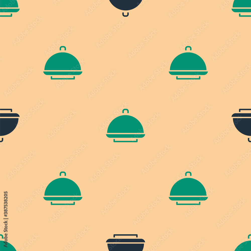 Green and black Covered with a tray of food icon isolated seamless pattern on beige background. Tray